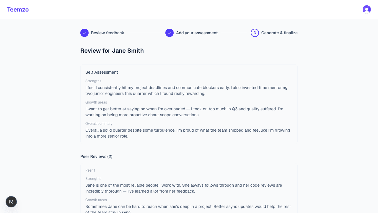 Teemzo manager review — generated written review draft ready to edit and approve