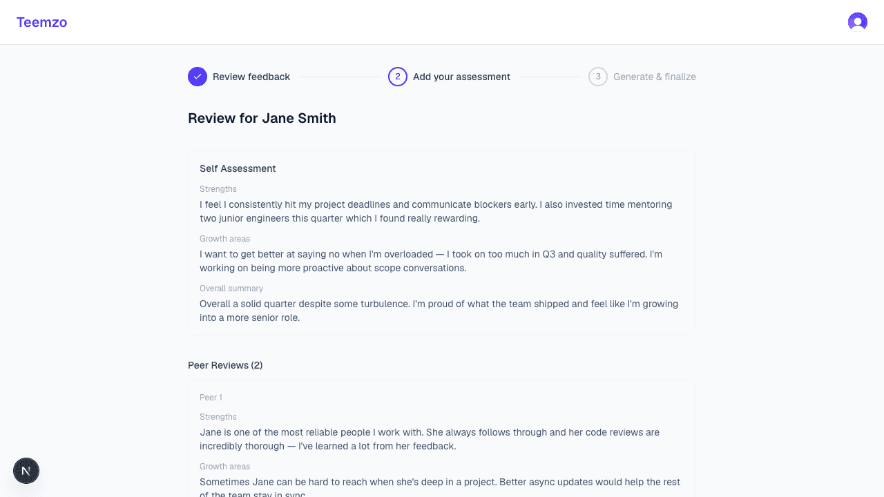 Teemzo manager review — all peer feedback visible, ready to generate