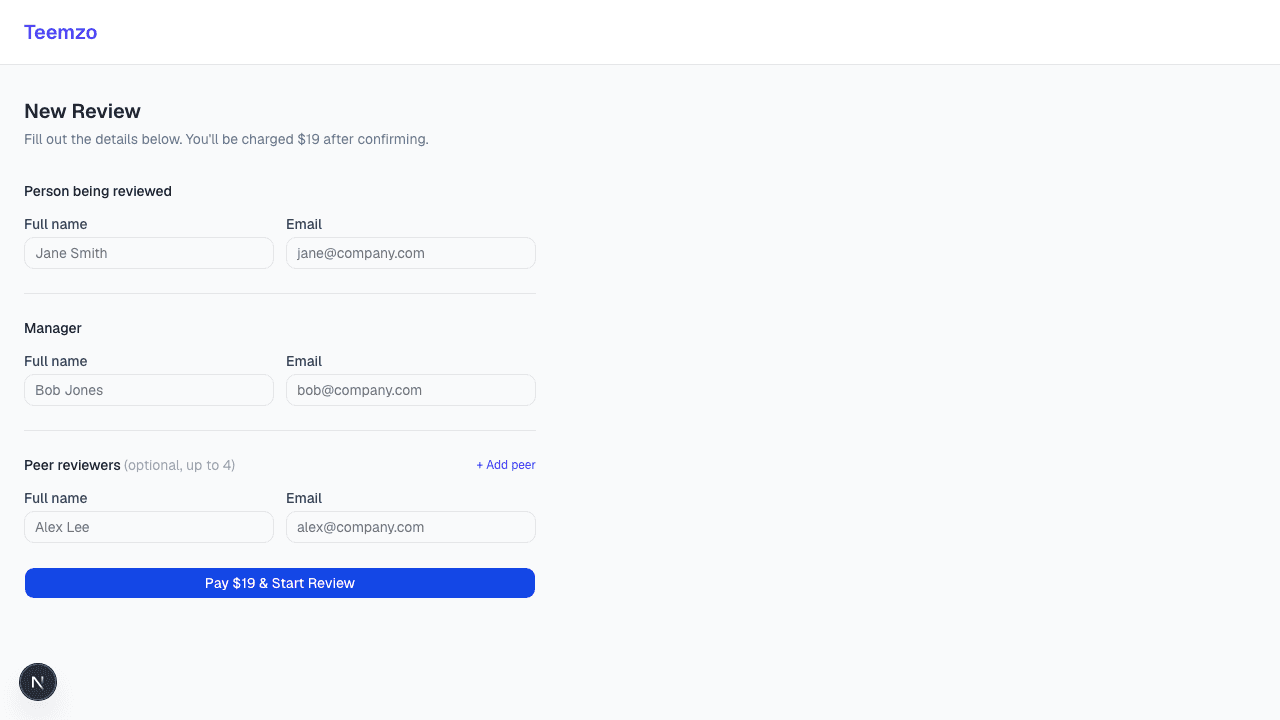 Teemzo new review form — add the person, manager, and peers