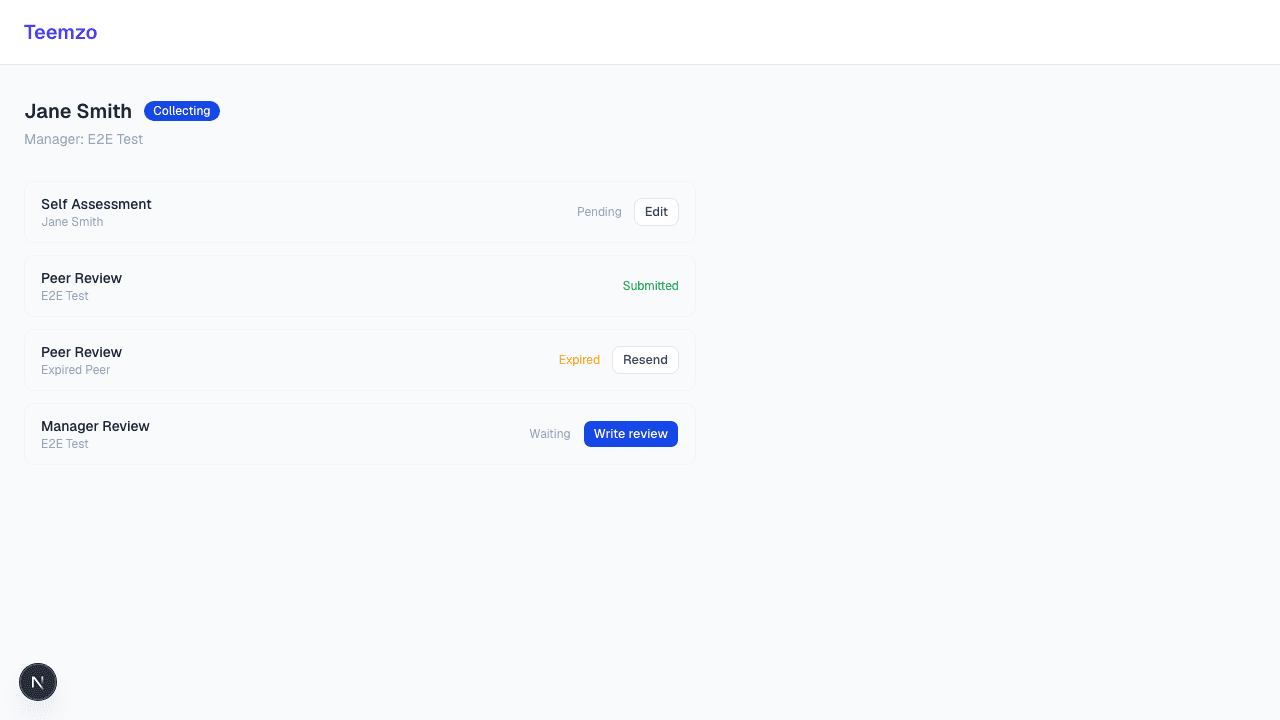 Teemzo review detail — self assessment, peer review, and manager review steps